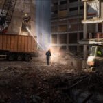 Demolition Worker Amidst Rubble and Heavy Machinery Construction worker at demolition site with crane, truck, rubble, and concrete debris.
