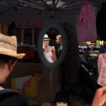 Market Reflections With Woman in White Hat and Sunglasses Colorful outdoor market with mirror reflection of woman in white hat and sunglasses.