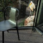 Modern Black Chair by Window With White Stork Modern black chair by glass window with white stork and lush green background.