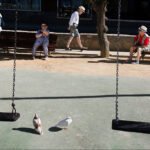 Sunny Park Scene With Swings, Pigeons, and People Relaxing Sunny park playground with empty swings, pigeons, and people relaxing on benches.