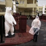 Whimsical Polar Bear Statue on Rainy Urban Walkway Polar bear statue on urban pathway with rainy weather and seaside architecture.