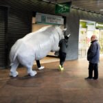 Surreal Rhino Sculpture Pushed Into Bank Entrance Surreal rhinoceros sculpture pushed into BNP Paribas Fortis bank in modern shopping arcade.