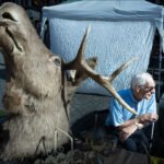 Elderly man smiling beside mounted deer head at vibrant outdoor market.