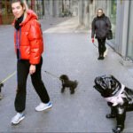 Woman walking black poodles on cobbled city street with boutique shops and dog statue.